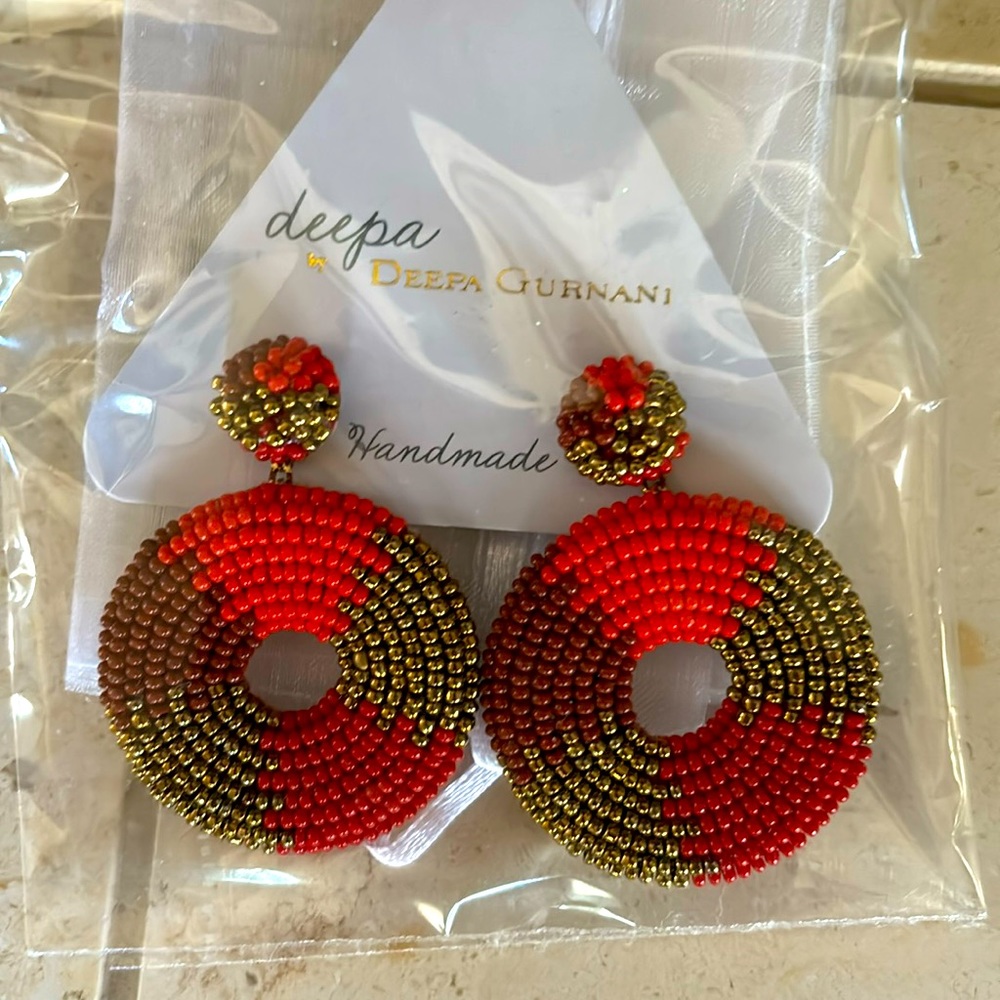 Deepa Gurnani handmade red and gold earrings—never worn!